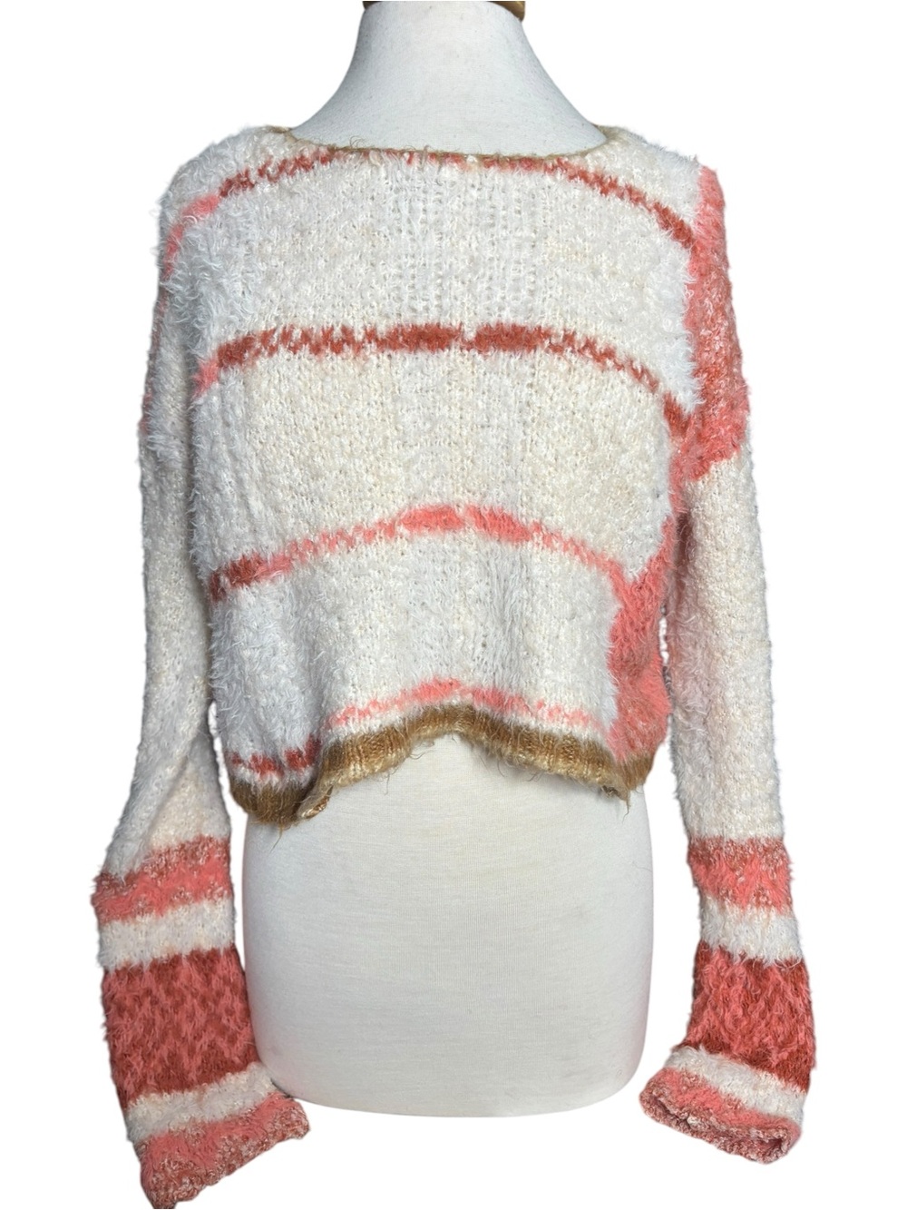 Free People Stripe Fluff Off Crop Fuzzy Sweater Pink Size Small - Picture 2 of 5